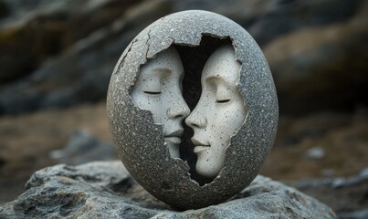 Two faces materialize from a stone egg with cracks, embodying unity and connection.