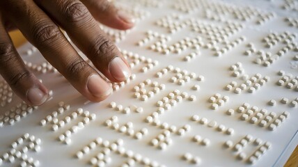 A hands-on approach to Braille learning, with fingers gently touching a raised Braille chart.