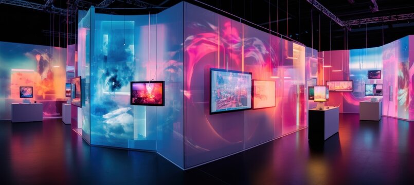 Futuristic abstract of business convention, demonstration booth product in neon color. AI generated