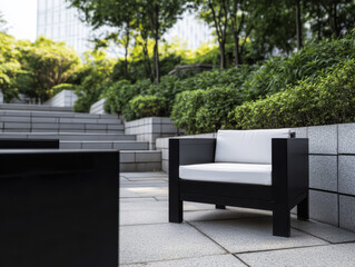 Fototapeta premium Modern outdoor seating arrangement in a serene garden space with greenery and steps