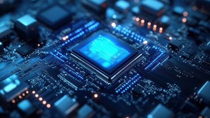 Obraz premium Close-up of a central processing unit on a circuit board. Possible use Illustrating technology, electronics, or data processing