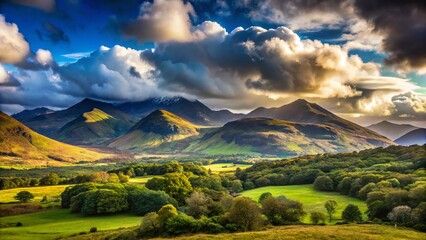 Obraz premium Killarney National Park: Majestic Magnetron Mountain Range Panorama, Cloudy Summits