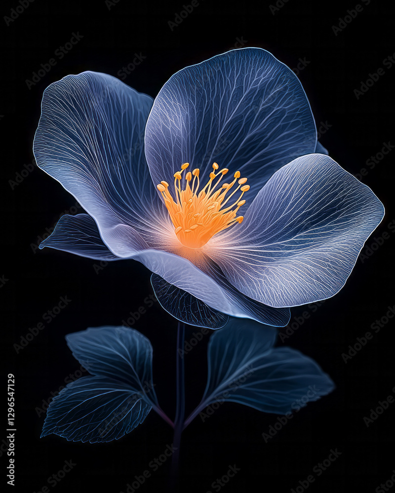 Poster hyper-real macro shot of a single glowing blossom fading from deep violet to warm tangerine,