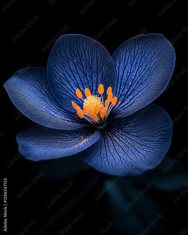 Poster Hyper-real macro shot of a single glowing blossom fading from deep violet to warm tangerine,