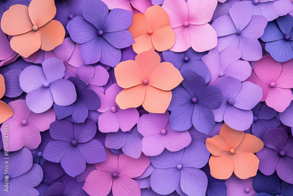 Aufkleber abstract overhead display of purple and orange blooms arranged in a swirling pattern, subtle glow,