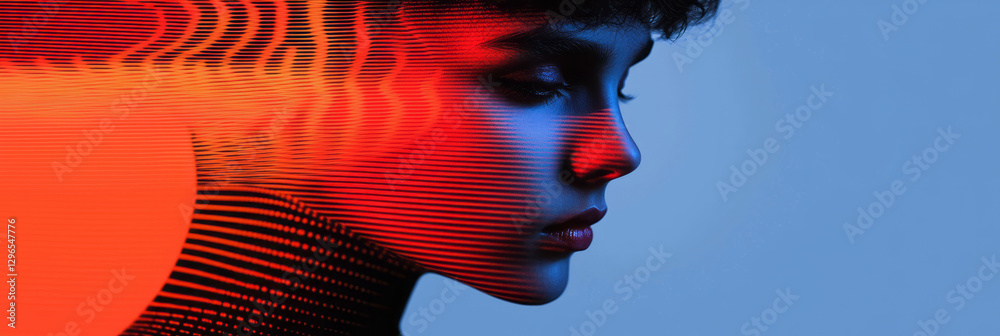 Poster glitch-inspired portrait featuring swirling geometric lines and arcs around a contemplative