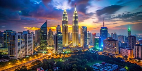 Fototapeta premium Kuala Lumpur Night Skyline, Malaysia - Low Light Cityscape Photography