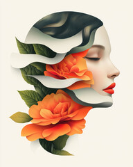 Dreamlike bust portrait merging delicate floral lines with swirling geometric forms, muted color