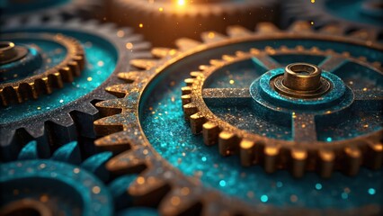 intricate gears interlock, representing complex machinery. The image captures a close-up view of mechanical components, suggesting industry and innovation