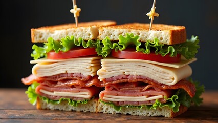 A classic club sandwich stacked with turkey bacon lettuce and tomato cut into quarters and held together with toothpicks.