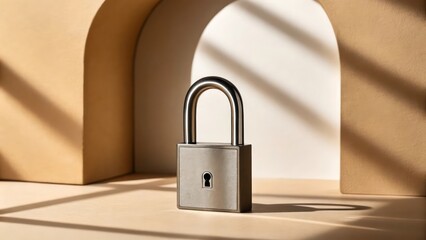 a padlock placed on a neutral surface. The padlock is made of metal, showcasing security and...