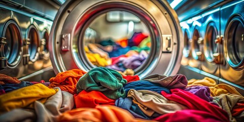 Naklejka premium Laundry Day: Soft Focus on Clothes in Dryer with Blurred Doorway - Stock Photo