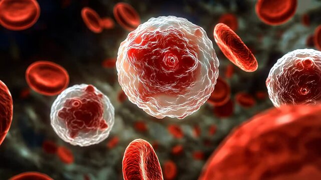 A detailed scientific 3D rendering of white blood cells and red blood cells flowing through the human bloodstream, representing health and biology