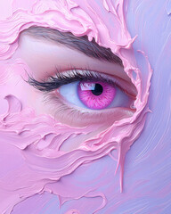 Glossy, abstract wave design crossing a vivid eye, intense color transitions from soft pastel pink