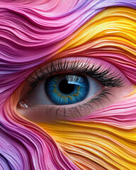 Glossy, abstract wave design crossing a vivid eye, intense color transitions from soft pastel pink
