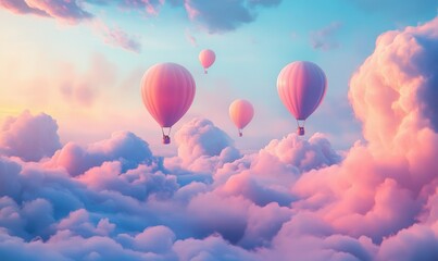 Obraz premium Vibrant balloons in shades of pink and blue floating gently above a soft cloudscape, pastel tones enhancing the dreamy feel,