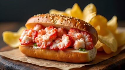 A gourmet lobster roll in a buttery toasted bun served with crispy potato chips.