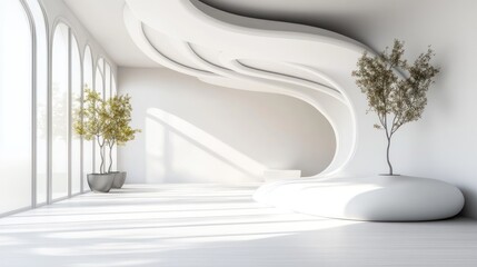Modern, white, arched, interior, design, plants, sun, empty