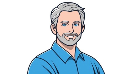 illustration of smiling man with gray hair and a beard, wearing a blue shirt. The man appears friendly and approachable.