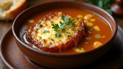 A rich French onion soup with melted Gruy&egrave;re cheese on top of a toasted baguette.