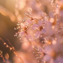 Delicate Pink Flower Petals with Dew Drops in Soft Warm Light