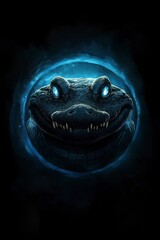 Naklejka premium Mystical Blue Creature with Glowing Eyes in Dark Background