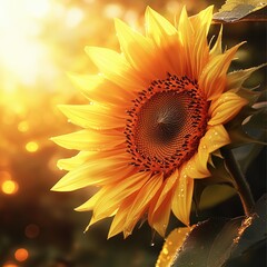 Bright Sunflower Blooms Against Warm Golden Sunset Background