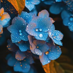 Blue Hydrangea Flowers with Dew Drops in Vibrant Background
