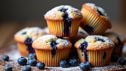 A stack of homemade blueberry muffins with sugar dusted tops fresh blueberries bursting inside.