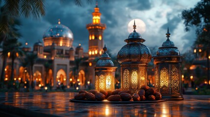 Obraz premium Illuminated mosque at night with dates and lanterns.