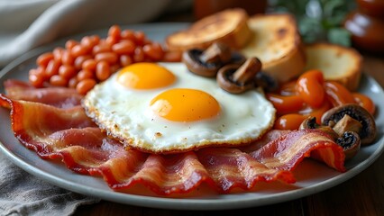 A traditional full English breakfast with crispy bacon sunny side up eggs baked beans grilled tomatoes mushrooms and toast.