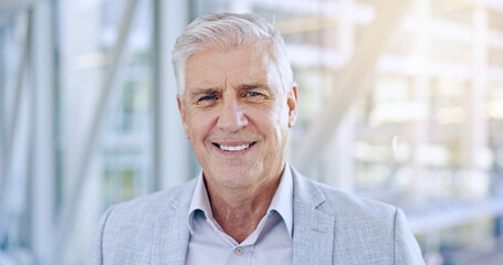 Portrait, ceo and senior man in office for business in corporate company or workplace with smile....