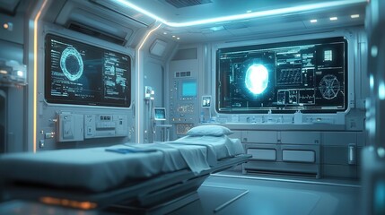 Fototapeta premium A futuristic healthcare center providing affordable care with glowing holographic medical tools, Healthcare access, SciFi, Clean and sterile