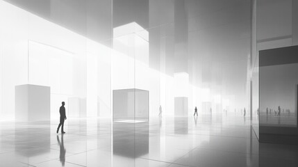 Fototapeta premium Abstract modern architecture interior with people, minimalist style, possible use commercial presentation