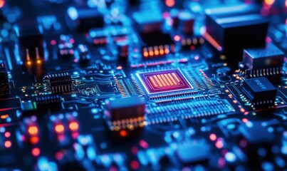 Obraz premium Futuristic cityscape with neon lights, vibrant colors, and digital elements.