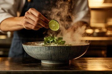 A chef adding a lime slice to a steaming bowl of pho soup, garnished with cilantro, creating a flavorful culinary experience in a restaurant setting.