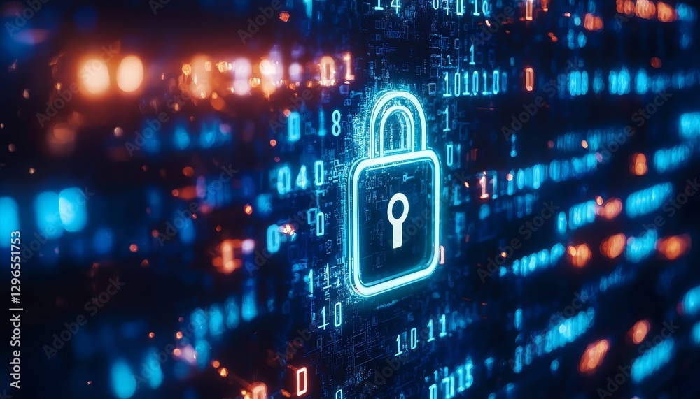 Poster a glowing digital padlock icon surrounded by binary code, symbolizing cybersecurity and data protect