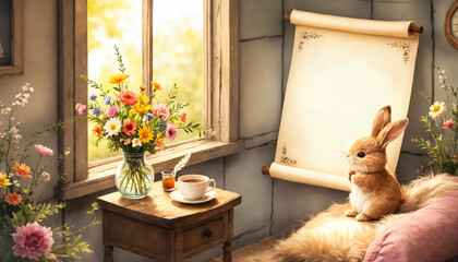 Cozy Vintage Room with Cute Bunny, Flowers, and Warm Sunlight
