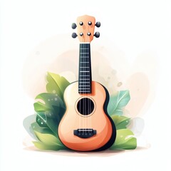Brightly colored ukulele surrounded by tropical plants for a cheerful musical vibe