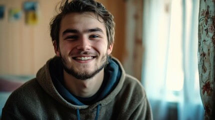 Obraz premium A smiling young man radiates warmth and friendliness, set against a cozy indoor backdrop, embodying positive emotions and the beauty of candid human expressions.
