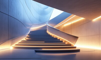 Obraz premium Elegant staircase glowing with sleek modern lighting, showcasing minimalist architecture and clean lines for a luxurious interior design