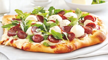 Delicious homemade pizza topped with pepperoni, mozzarella, and arugula served at a cozy kitchen table