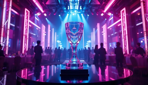 Shiny Trophy on a Table with Colorful Lighting and Silhouetted Guests in a Modern Event Space