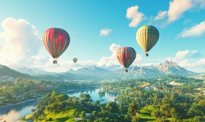 Fototapeta premium Vibrant hot air balloons floating gracefully above a lush green landscape, soft pastel tones blending into a bright blue sky, serene summer mood,