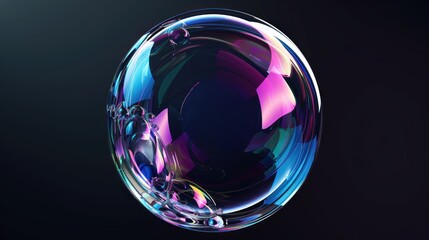 3d render transparent sphere glass bubble with holographic effect on darkk background. AI generated