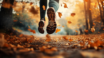 whose legs appear to dissolve into swirling autumn leaves as they move forward 
