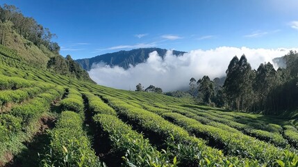 Naklejka premium Lush Green Tea Plantation on Rolling Hills with Mountain Views