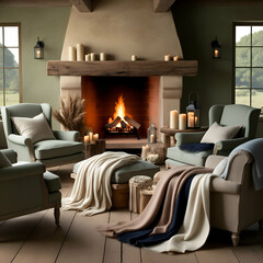 A warm and inviting living room with a stone fireplace, featuring comfortable armchairs and throws.