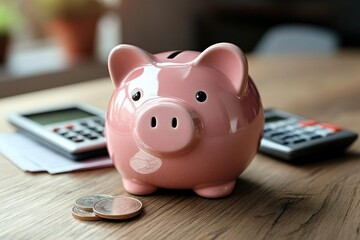 Saving Money: Piggy Bank, Coins, and Calculator