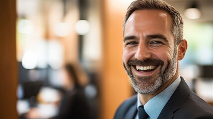 Obraz premium This professional portrait showcases a cheerful businessman surrounded by a modern office environment, radiating confidence and approachability.